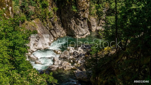 Picture of The Coquihalla River as it winds its way through the canyon at the Othello Tunnels park